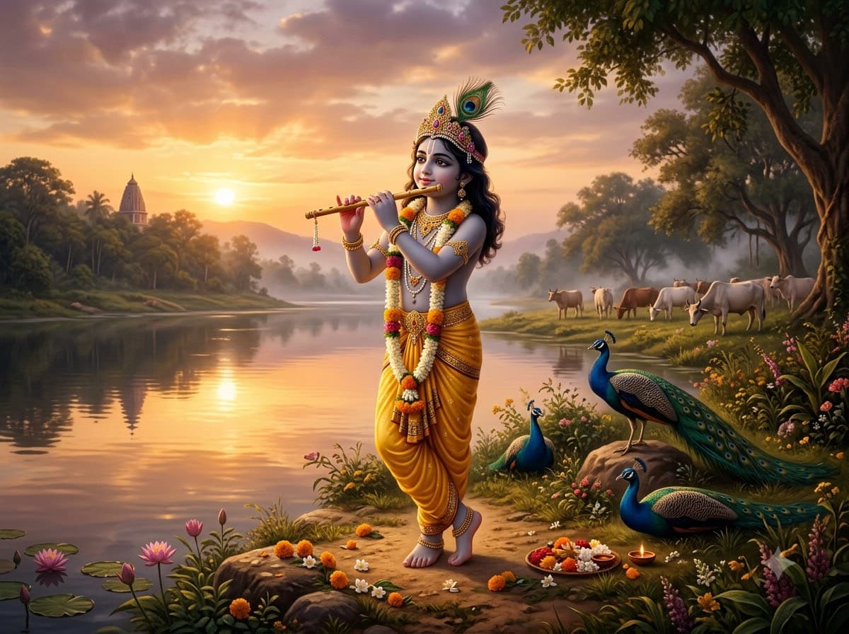 Krishna Flute Riverside Scene