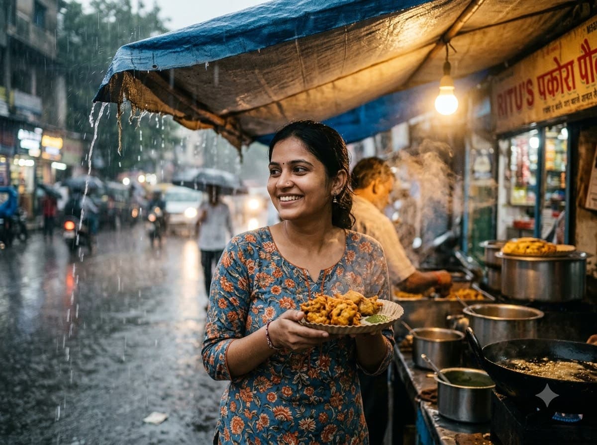 बारिश में ठेले का नाश्ता