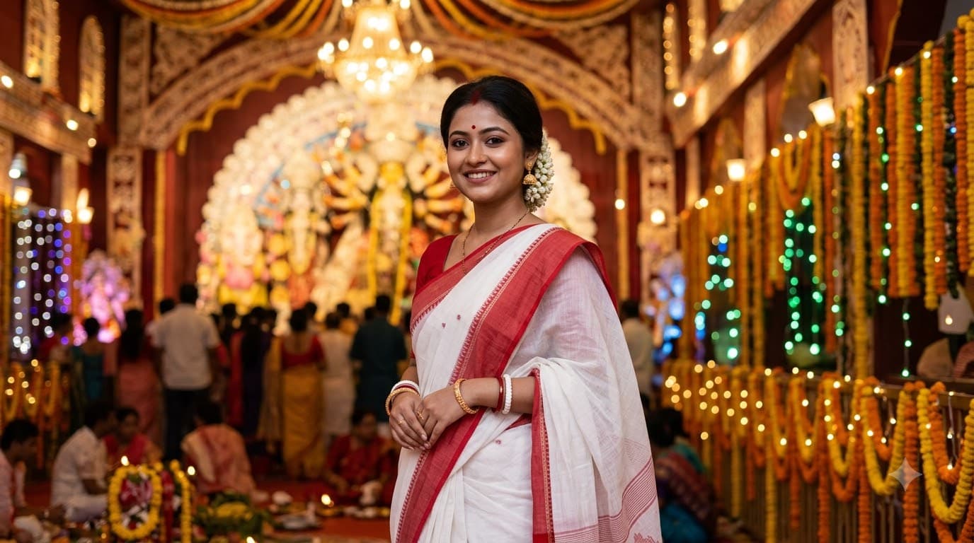 Red & White Saree Pandal Portrait