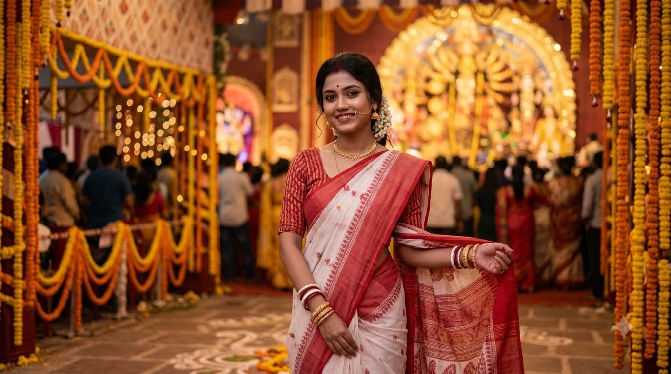Red & White Saree Pandal Portrait — sample result 2