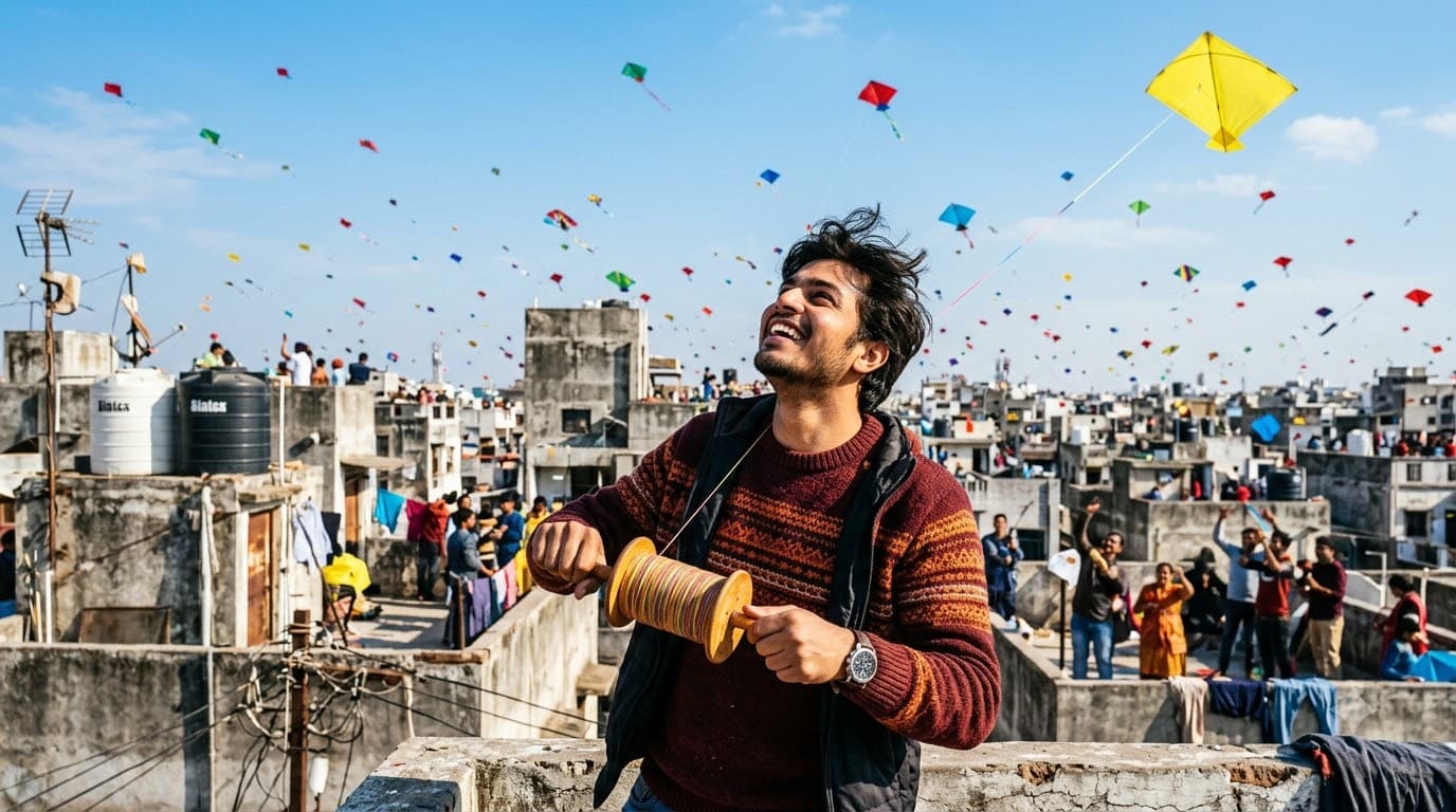 Kite Flying Rooftop Portrait — sample result 2